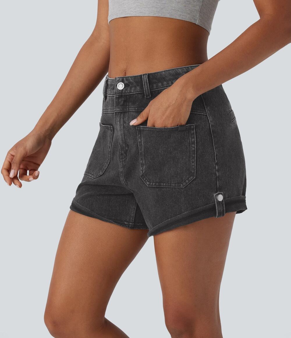 NEW Halara Flex Mid Rise Pocket Rolled Hem Washed Denim Casual Shorts Black Sz M